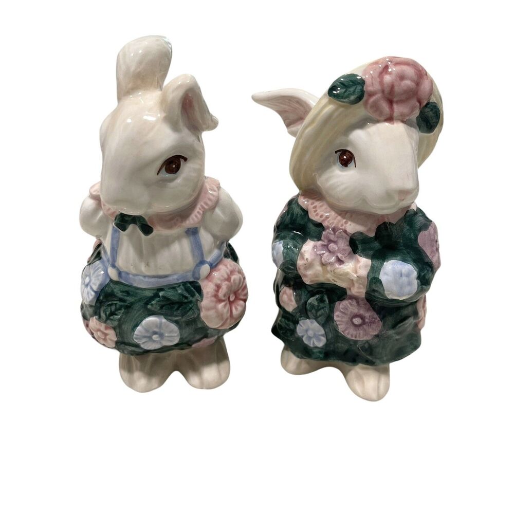 Fitz and Floyd Bunny Salt and Pepper Shaker Set Bloomers Collection 1991 Easter